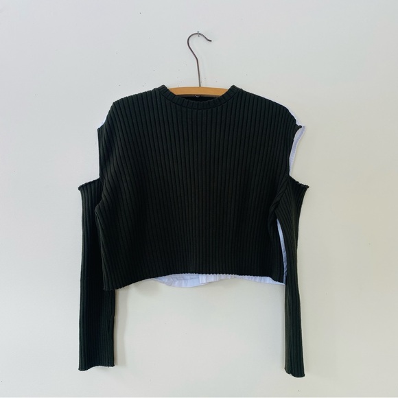 Zara Sweater Slouchy Ribbed Knit Cotton Cut Out Army Green Military M - Picture 3 of 11